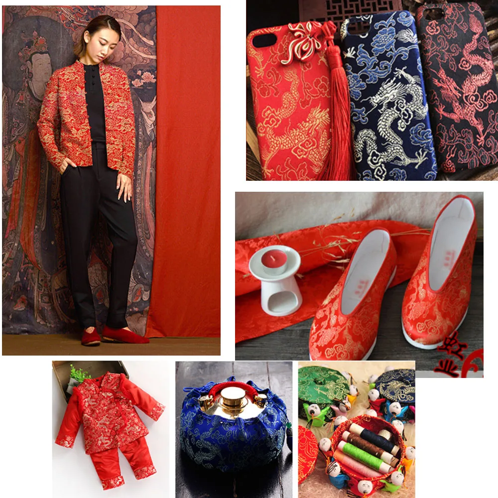 Brokatowy żakardowe tkaniny haft jedwabny wzór smoka kostium Cheongsam Kimono materiały do szycie sukienki torby DIY pudełko na prezent krawat