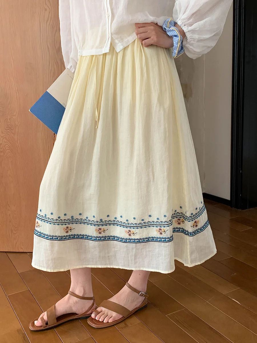 Summer women's casual solid color embroidered drawstring elastic waist skirt