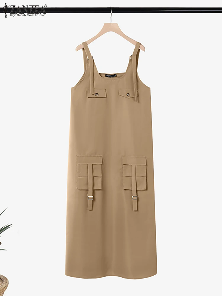 Women 2025 Summer Overalls Dress ZANZEA Muslim Abaya Robe Femme Vintage Straps Solid Long Dress IsIamic Clothing Vestidos Kaftan