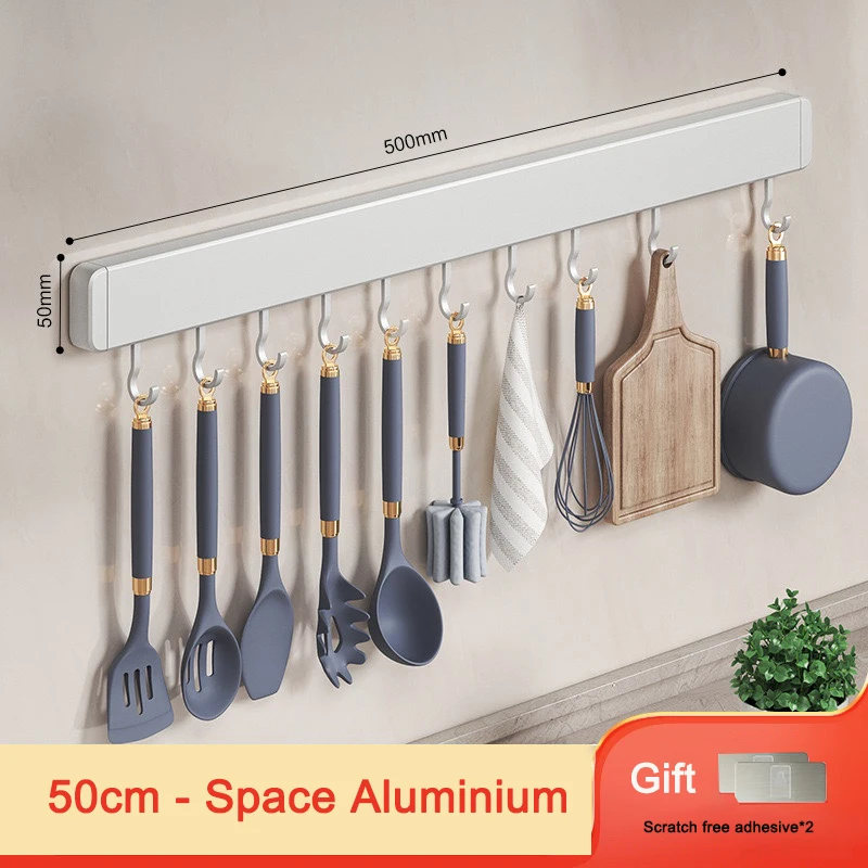 Kitchen Storage Rack Non-perforated shelves Wall Mounted with Movable hook Spoon Holder Organizer Kitchen Utensil Accessories