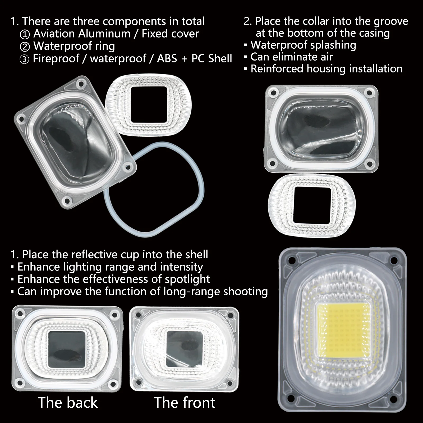 Odbłyśnik LED do reflektorów LED COB Chip Zestaw kloszy PC Soczewka + odbłyśnik + silikonowy klosz do reflektorów LED Reflektor DIY