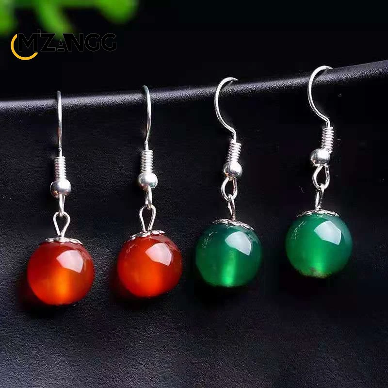 Natural S925 Silver Inlaid Chalcedony Round Beads Long Earrings Vintage Green Agate Ear Stud Charming Jewelry Lady Mother Gift