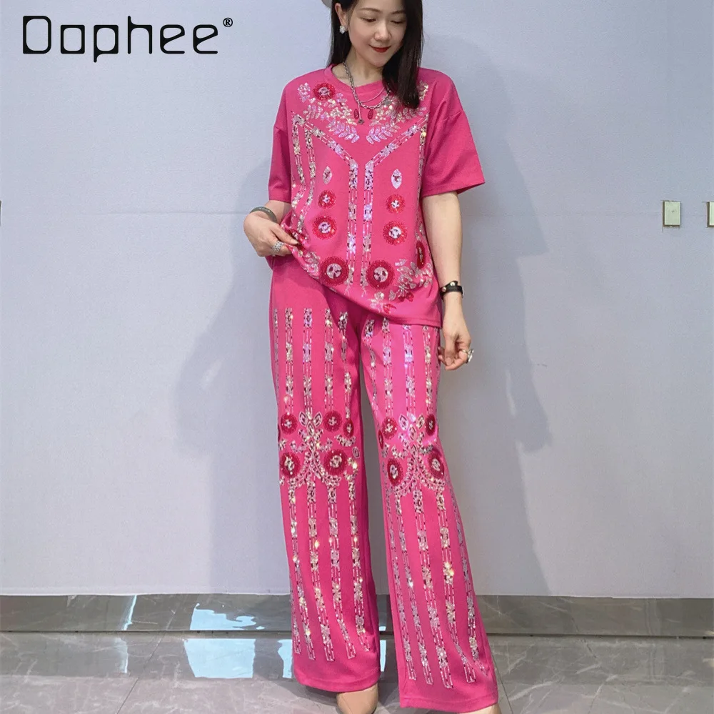 

Fashion Suit Women's Summer New Heavy Industry Hot Diamond Short-sleeved T-shirt + Wide-leg Pants Two-piece Set Women's Clothing
