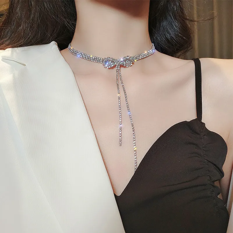 

Gorgeous 925 Sterling Silver Bowknot Crystal Cubic Zircon Clavicle Chain Necklaces For Women Wedding Party Fashion Jewelry Gifts