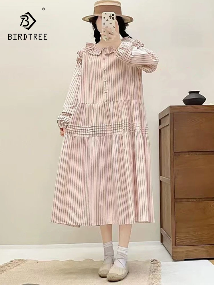 New Spring Cotton Long Sleeve Dresses, Women O Neck Ruffles Striped, Mori Girl Vintage Japan Style Loose Dress, 2025 D4D812CC