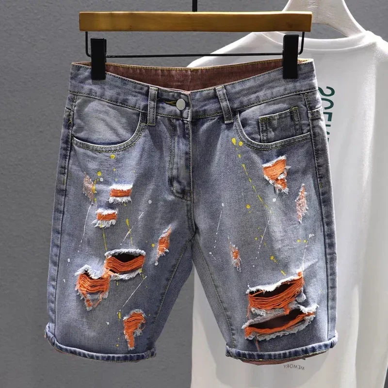 Short Jeans Pants for Men Black Man Denim Shorts Ripped Multi Color New in Stretch Korean Fashion Cowboy Fitted Luxury Summer Xl