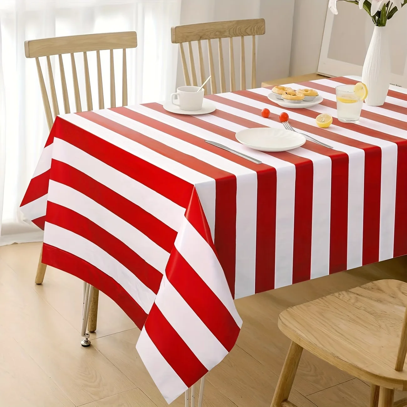 1/2pcs Red And White Striped Tablecloth,  Disposable Plastic Table Cover, Rectangular Table Cloths for Birthday,  Carnival