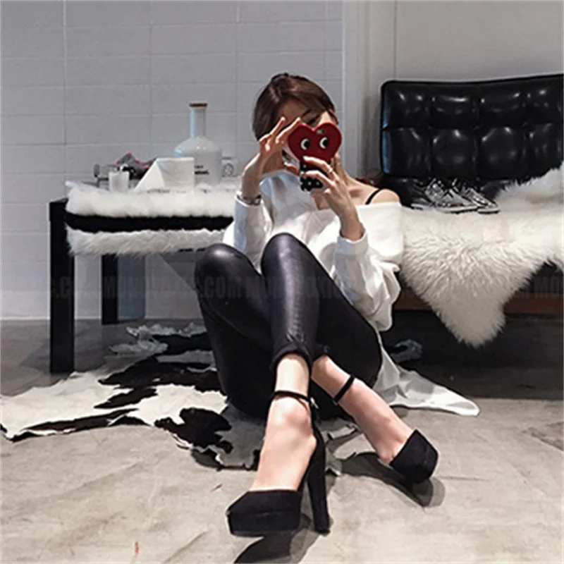 Fashion Women Ankle Strap Sandals Casual Flock Buckle Strap 11cm Thin High Heels Pointed Toe Women Sandals Discount Pumps Black