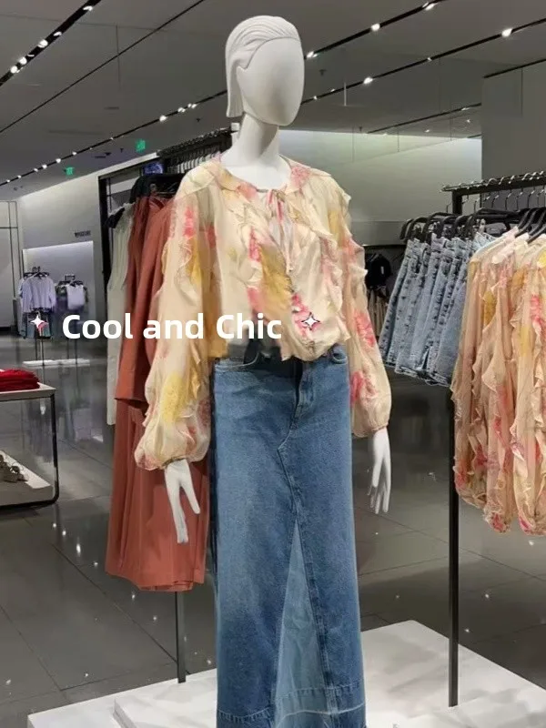 

Осень 2023, новая женская кружевная отделка Dopane Vaion Sle с цветочным принтом Long Sve irt, свободная посадка из французского волокна из полиэфирного волокна...