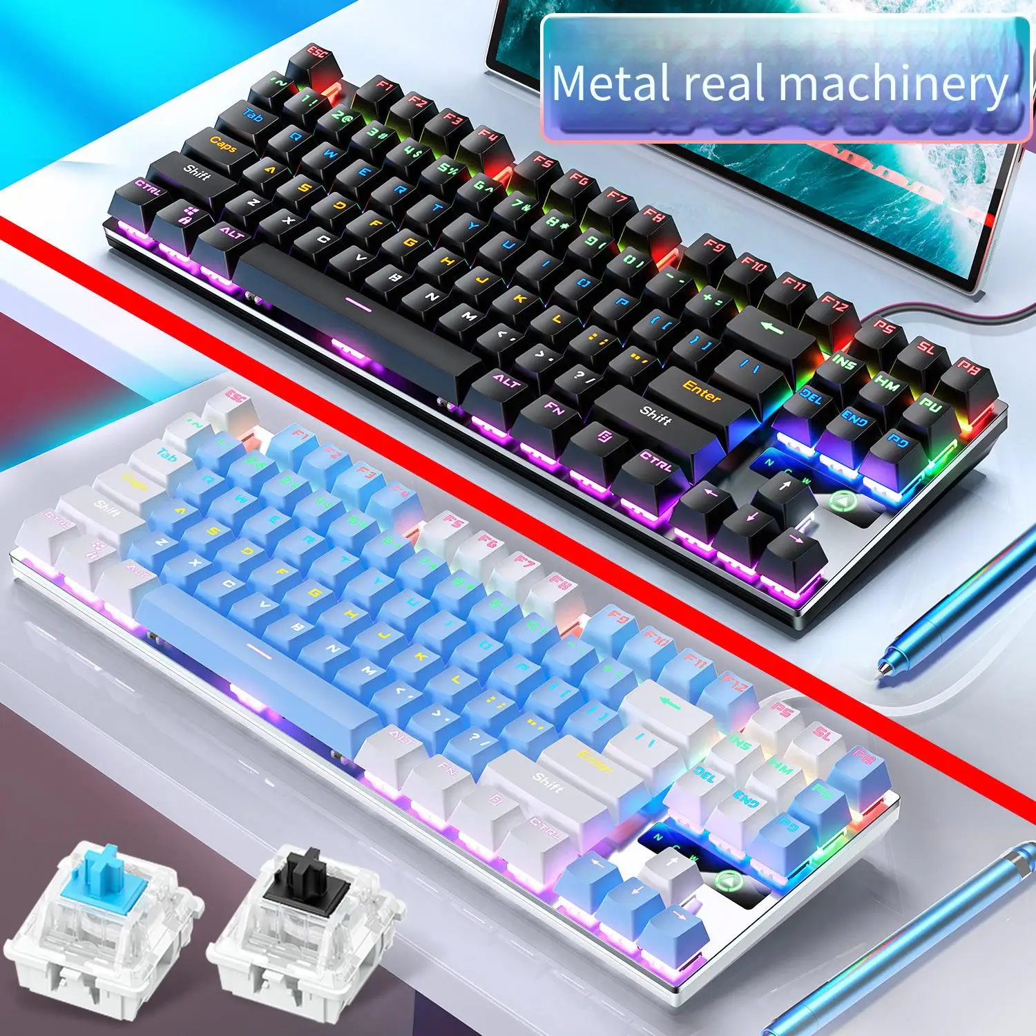 

ZK3 metal mechanical keyboard, 87 keys, 104 keys, glowing, blue switch, black switch, computer accessories, color matching game
