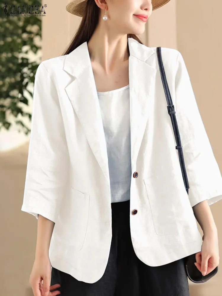 ZANZEA Fashion Women Cotton Blazer Autumn Lapel Neck 3/4 Sleeve Solid Outwear Casual Work Suits Jackets Loose Thin Coat Chaqueta