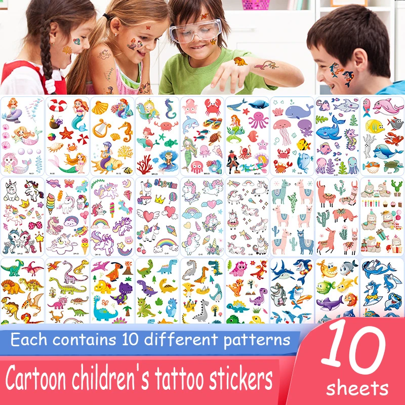 

10 упаковок, поддельные татуировки, наклейки, мультяшные временные татуировки, детские руки, сделай сам, боди-арт, коллекция мультфильмов, русалка, единорог, животные