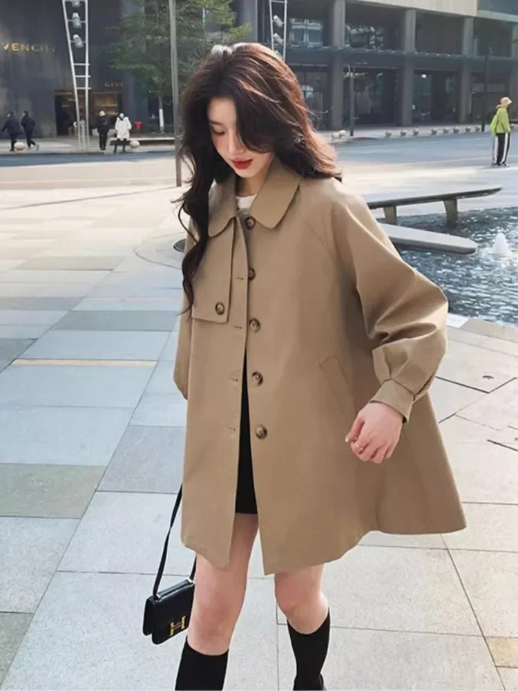 

Khaki Trench Coat Korean Retro Commuter Loose A-Line Jacket New Lapel British-Style Mid-Length Thick Plus Size Windbreaker Women