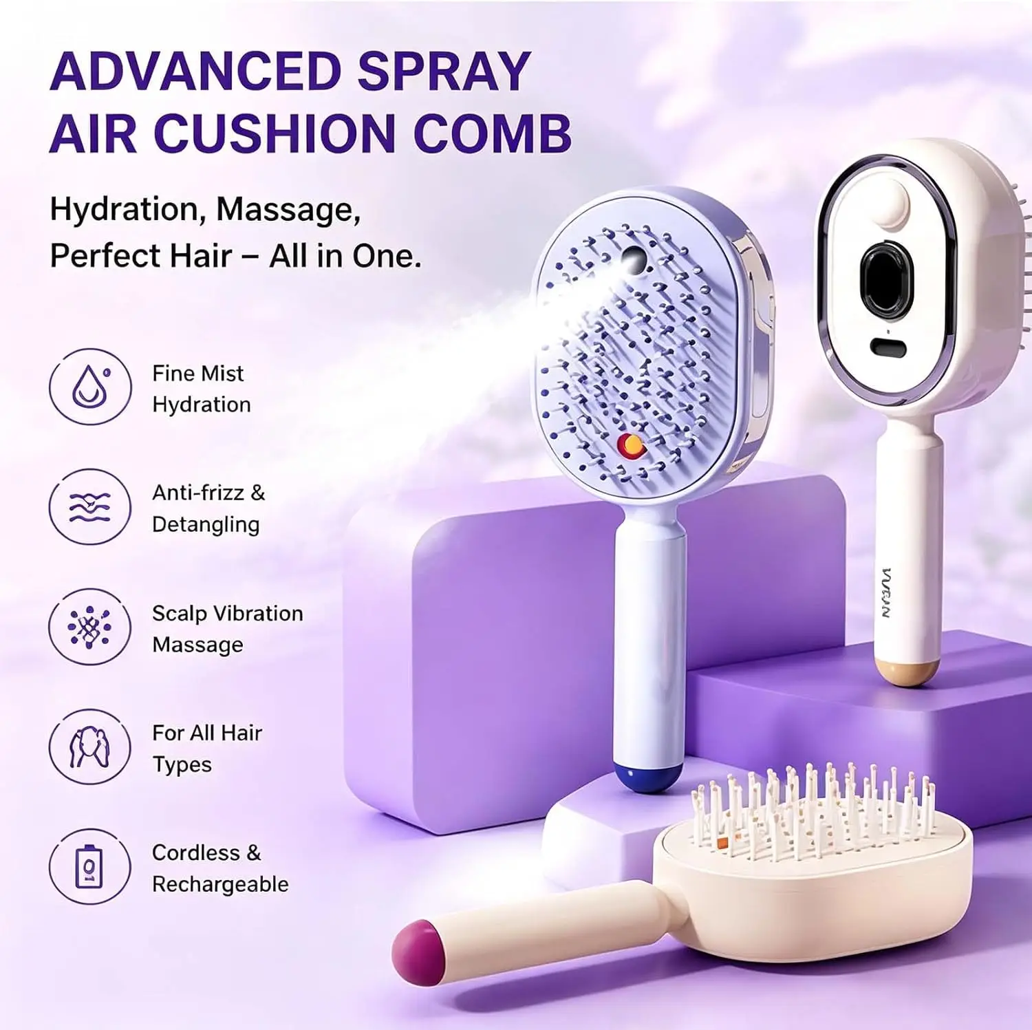 New Portable Electric Hair Spray Comb Essential Oil Diffuser Air Cushion Scalp Massager Anti Static Self Cleaning USB Charging