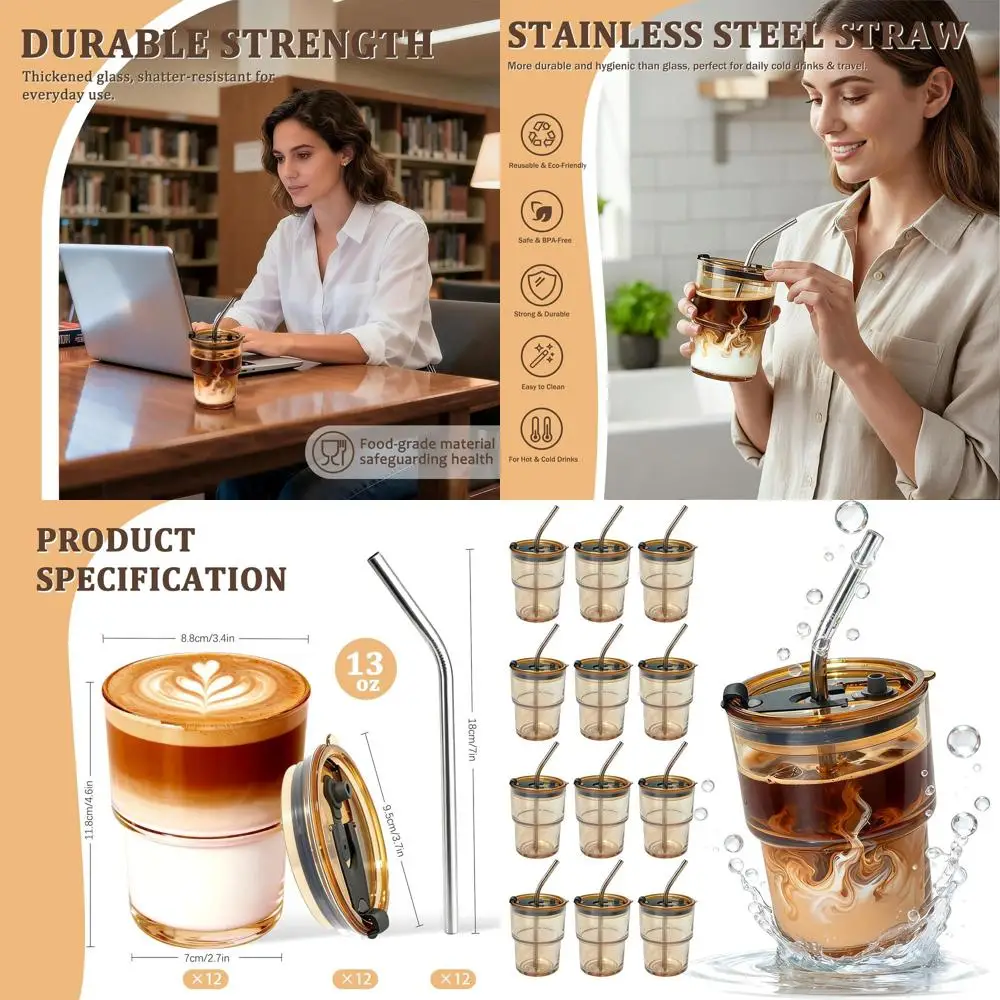 

Набор из 12 стеклянных стаканов с крышками и соломинками — идеально подходит для подарков учителю, Рождества и обратно в школу.