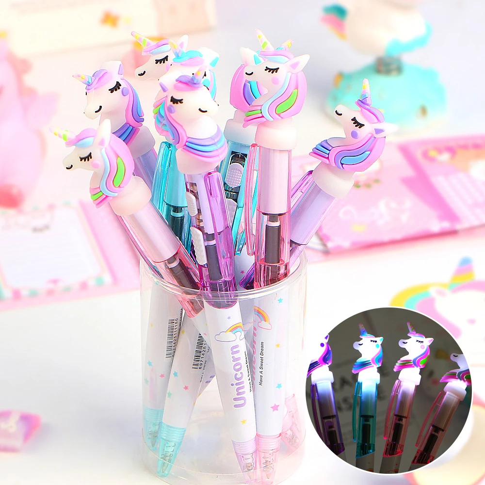 1 Pcs Creative Cartoon Unicorn Light Pen Cute Glowing Ballpoint Pen Student Stationery 0.5mm Writing Tool School Supplies