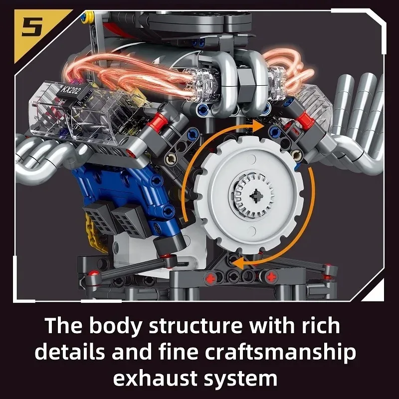 Unidad de potencia V8, réplica de modelo a escala, Motor eléctrico recargable, aplicación remota, Control, luz LED, Kit de montaje de construcción, 665 Uds.