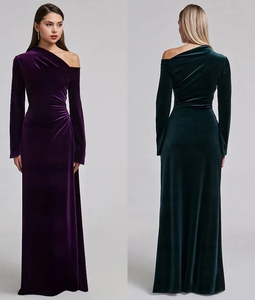 

MCDV Customized High Quality Velvet Mermaid One Shoulder Evening Dress Fashion Long Sleeves Floor Length Bespoke Occasion Gowns