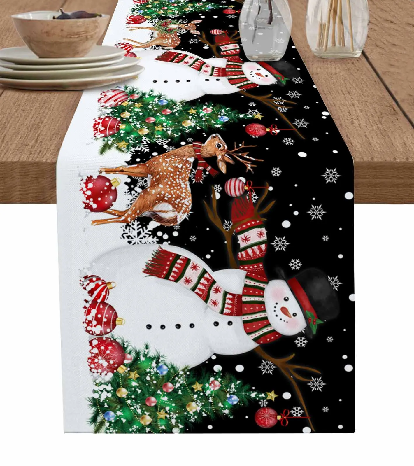 Snowflake Christmas Tree Deer Snowman Table Runner Wedding Dining Table Decoration Table Runner Kitchen Dining Tablecloth