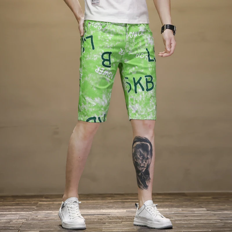 Summer Thin in Green Stretch Personality Printed Middle Pants Men's Slim Fit Fashion Straight Casual Cropped Beach Pants