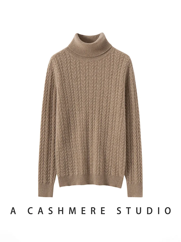 

2025New Women 100%Cashmere Sweater Turtleneck Cable Knit Basic Long Sleeve Pullover Autumn Winter Soft Warm Casual Knitwear Tops