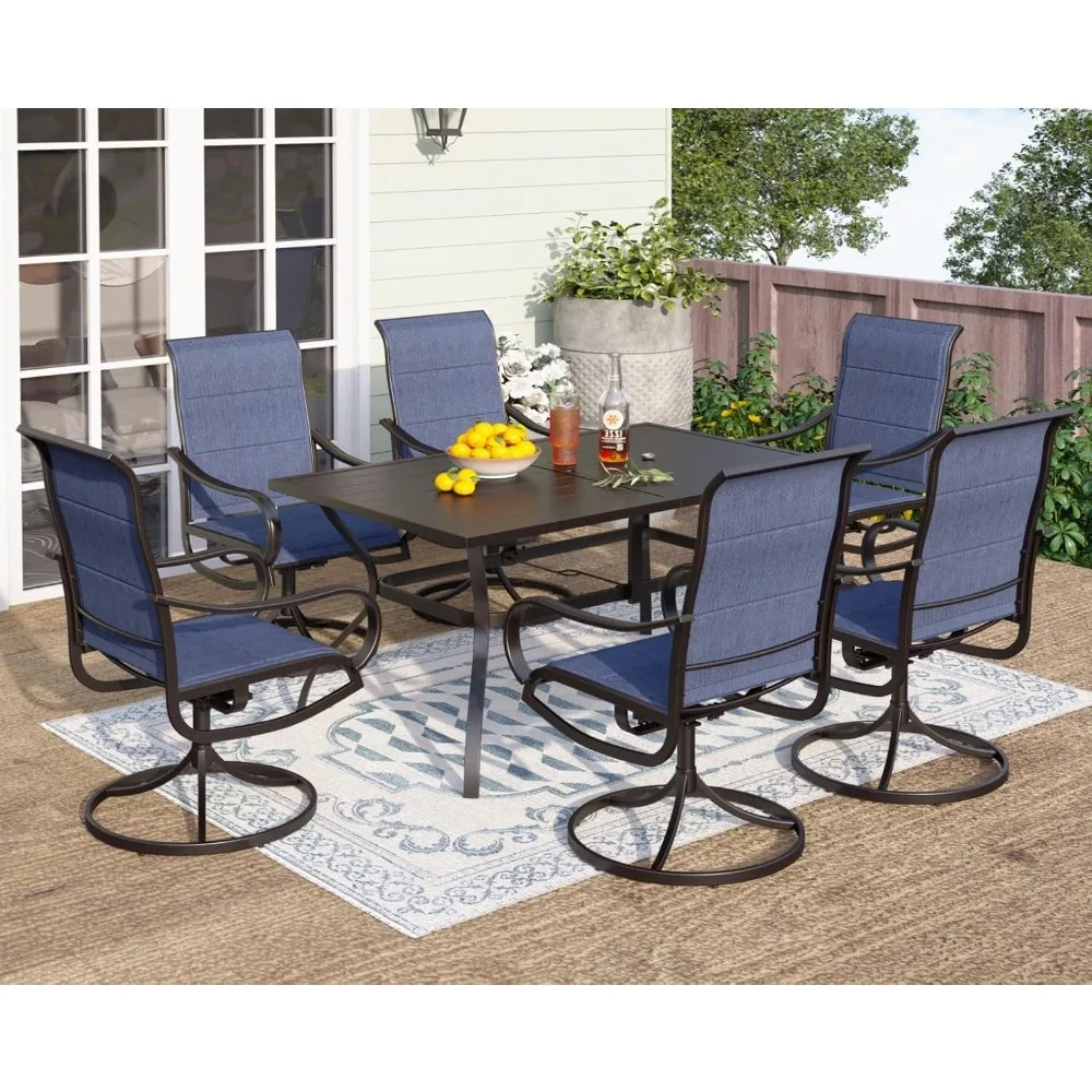 Patio Dining Set for 6, Swivel Dining Chairs with Padded Textilene and Large Metal Table (1.57'' Umbrella Hole), All Weather Ta