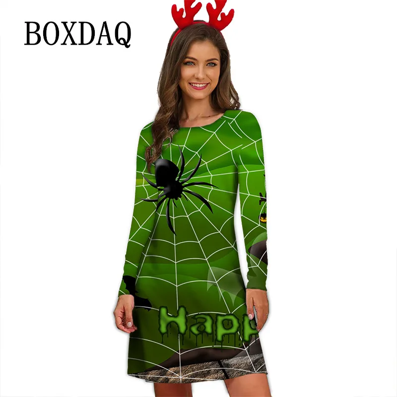 2022 Autumn Dresses 3D Green Spider Web Print Dress Winter Halloween Party Dress Casual Round Neck Loose Oversize Women Clothing