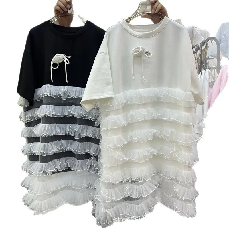 Chic ผู้หญิงตาข่าย Spliced Ruffles เสื้อยืดฤดูใบไม้ผลิฤดูร้อนผ้าพันคอจีบ 3D Bowtie Tees หลวมแขนสั้นเส้นด้าย Tops ...