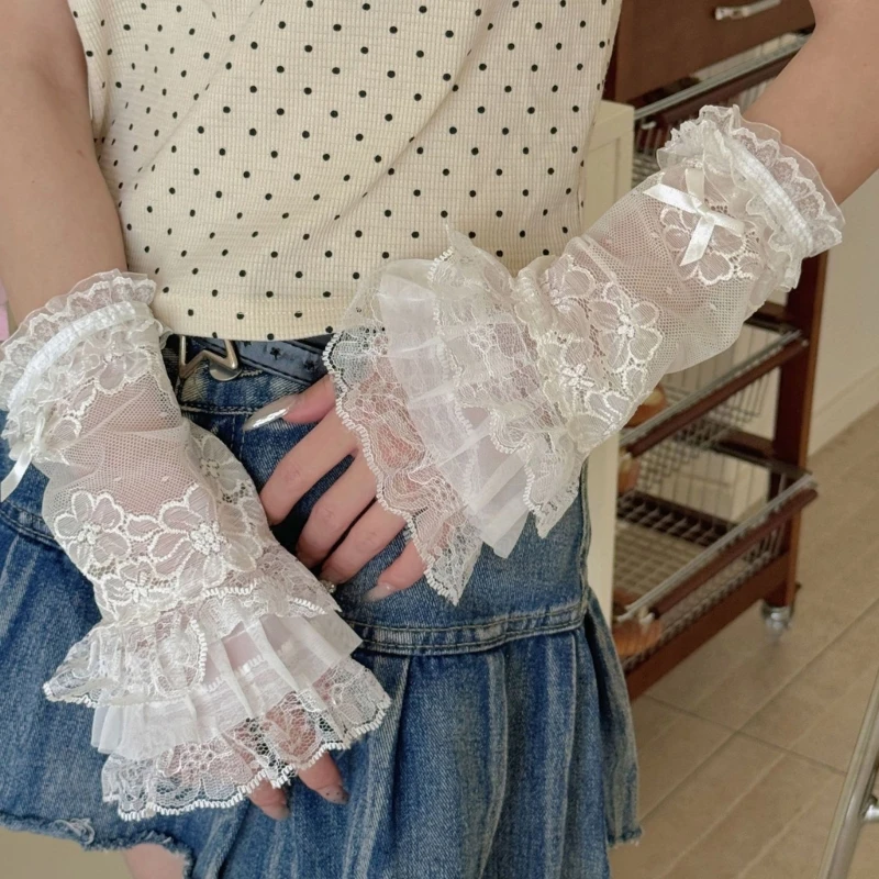 E15F Sarung Tangan Pesta Pengantin Bersulam Renda Renda Lengan Nylon Lengan Nylon Untuk Acara Formal Pakaian Harian dan