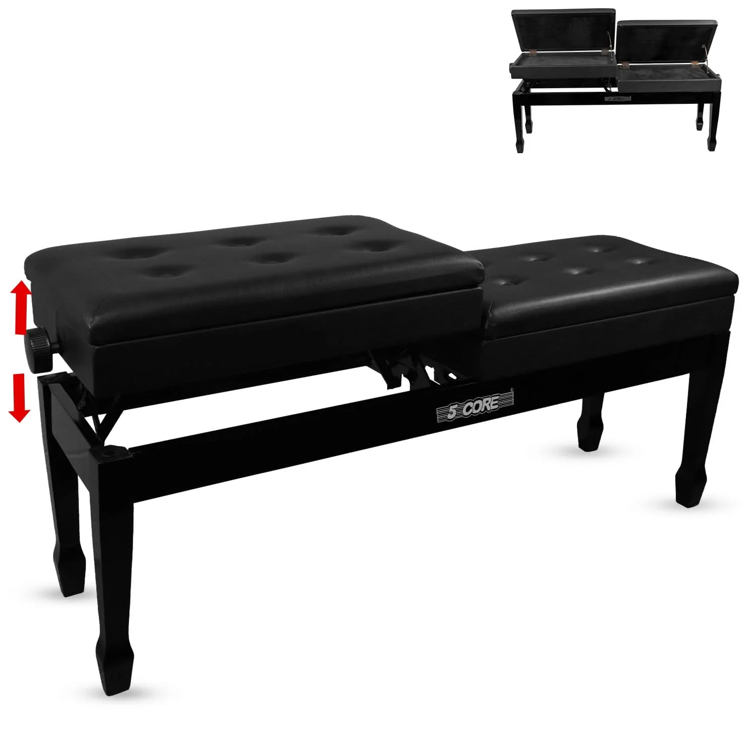 

5 Core Duet Piano Bench 3.5 Inch Padded Cushioned Stool Wooden Heavy Duty Musician Chair w Storage - PNB DT BLK