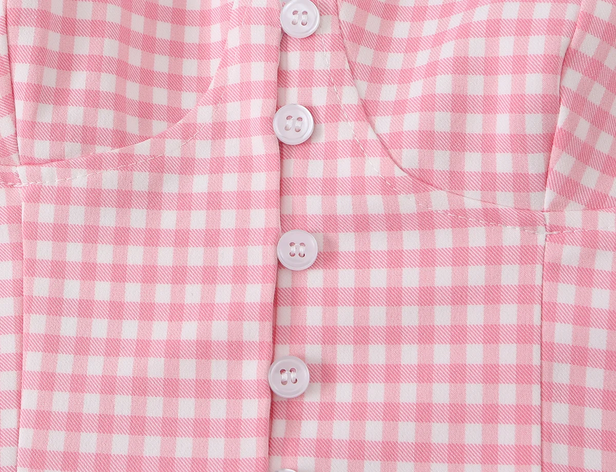 HH Rosa Gingham Bustier Cami Top Sommer Spaghetti-Träger-Top mit Knöpfen vorne und Rüschensaum, kurzes Korsett für Damen, lässiges Strand-Outfit – Detail 6