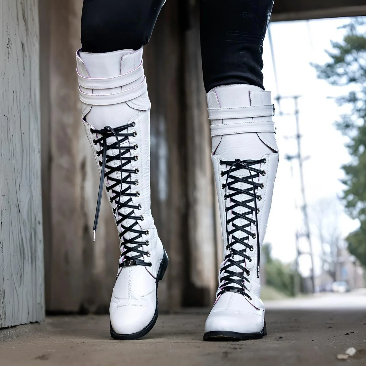 Medieval Pirate Knight Tall Knee High Boots Lace Up Buckle Side Zipper Shoes Pu Leather Motorcycle Riding Cosplay Costume Boot 6