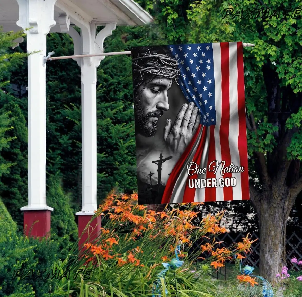 Christian Patriotic American House Flag 28x40 Inch Double Sided Outside, One Nation Under God Burlap Yard Flag for 4th of Ju kkz