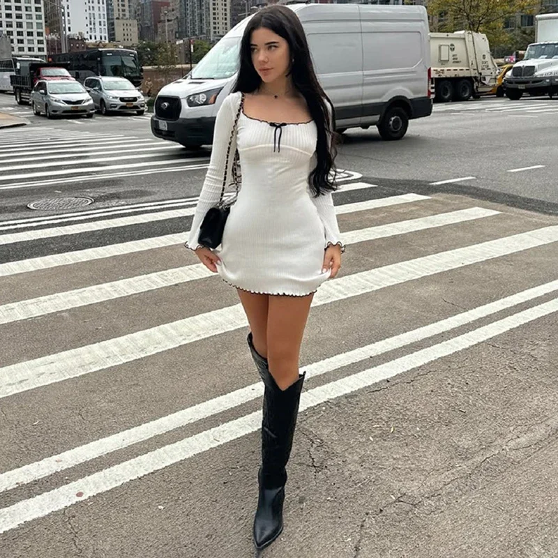 コントラストファングスミニドレス 女性用 Uネック ハイウエスト 長袖ドレス 2025年秋新作 ボディコン オフィスレディー パーティー服