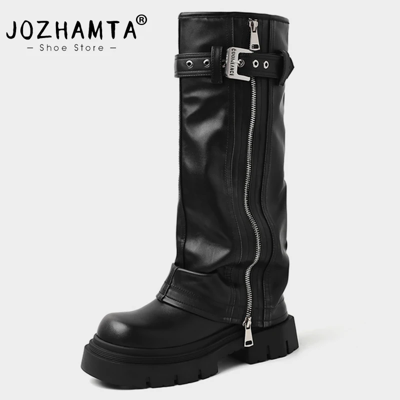 

JOZHAMTA Size 34-40 Women Western Knee Boots Fold Over Long Boots Cowboy Tall Boots For Cowgirl Retro Thick Heels Platform Shoes