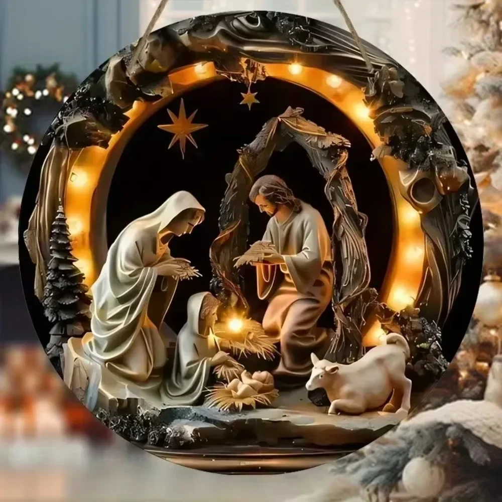 علامة NativityVibeCraft المعدنية المستديرة |   مريم العذراء الحية ويسوع 2D الإغاثة |   تركيب خفيف الوزن |   رائعة لديكور العطلة