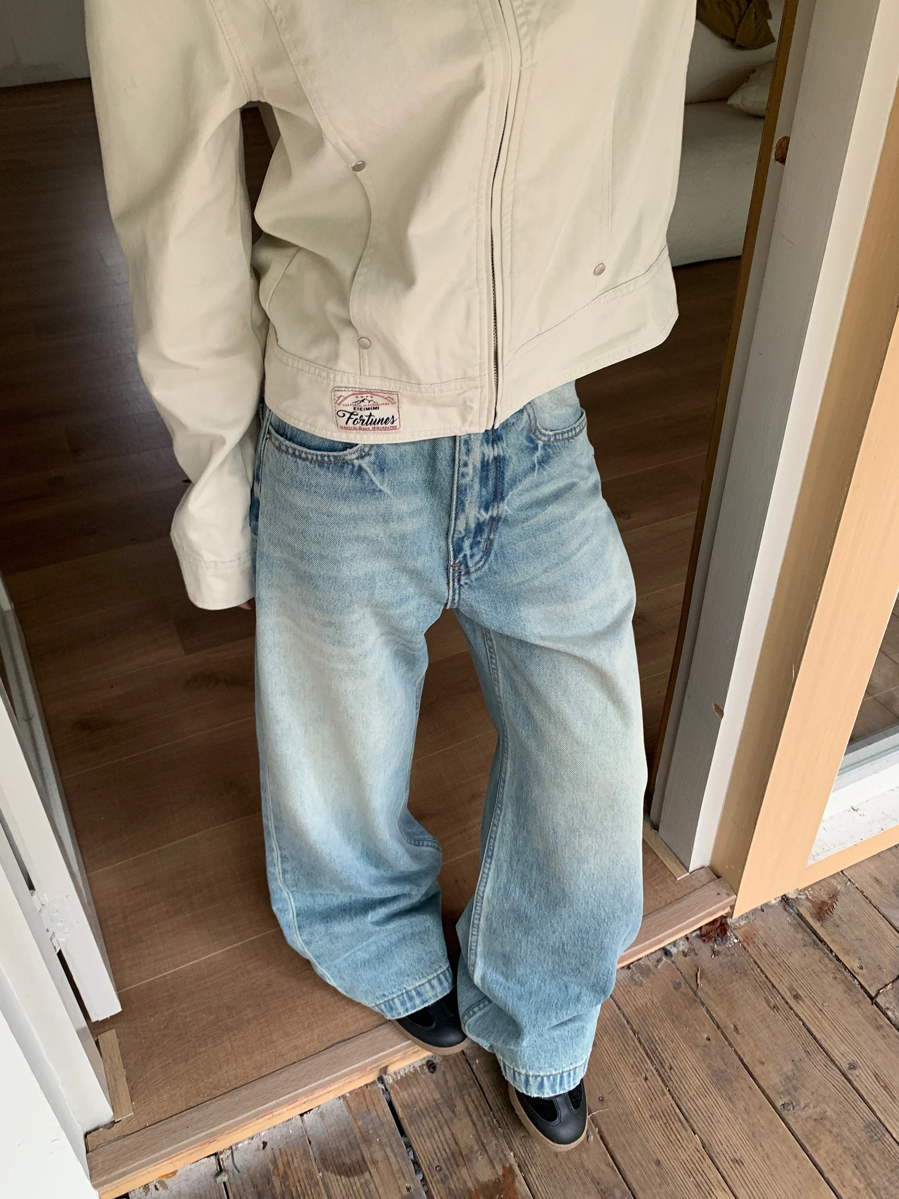 

Повседневные джинсовые прямые брюки с зауженной талией, нейтральные джинсы с узором, универсальные синие джинсы Cleanfit