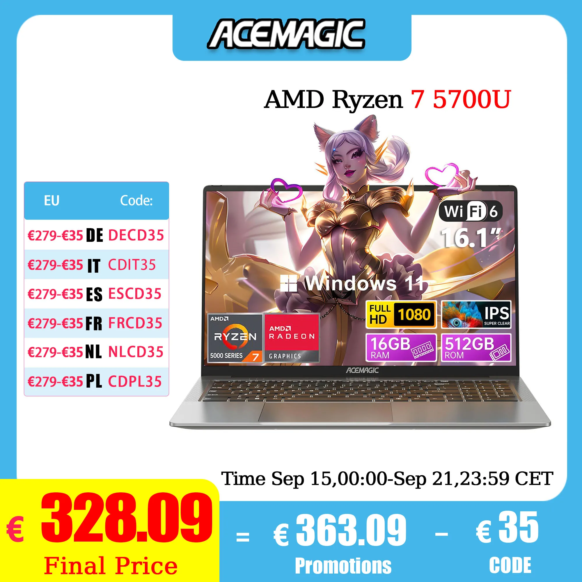 Ordinateur portable de jeu ACEMAGIC AMD Ryzen 7 5700U Clavier rétroéclairé RAM 16 Go SSD 512 Go Écran 16,1" Full HD 1920 x 1080