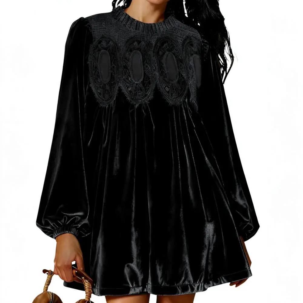 Elegant Velvet Dress Women Lace Patchwork Ruffle Neck Long Sleeve Casual Mini Skirt Spring Autumn Fashion Gown