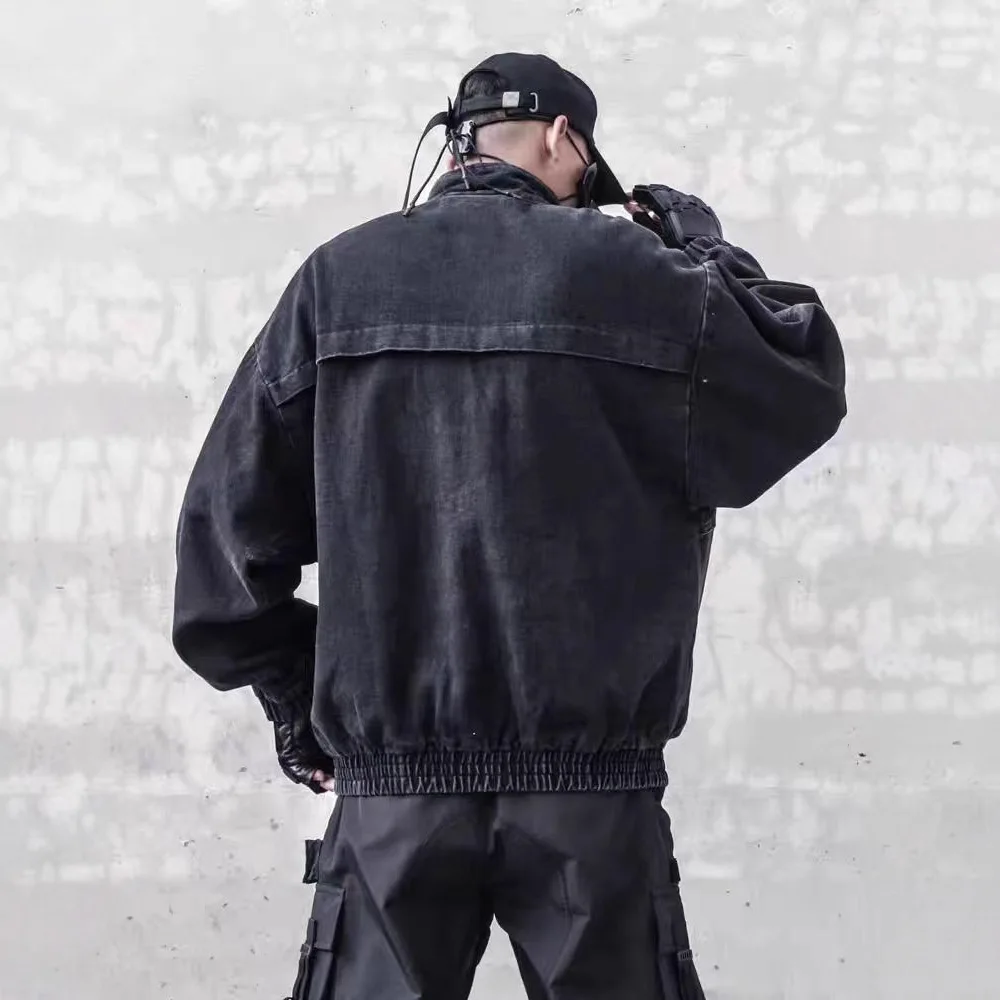 Autumn Dark Retro Washed Shoulder Padded Ripped Denim Jacket Men's Spring and Autumn Workwear Stand Up Collar Jacket