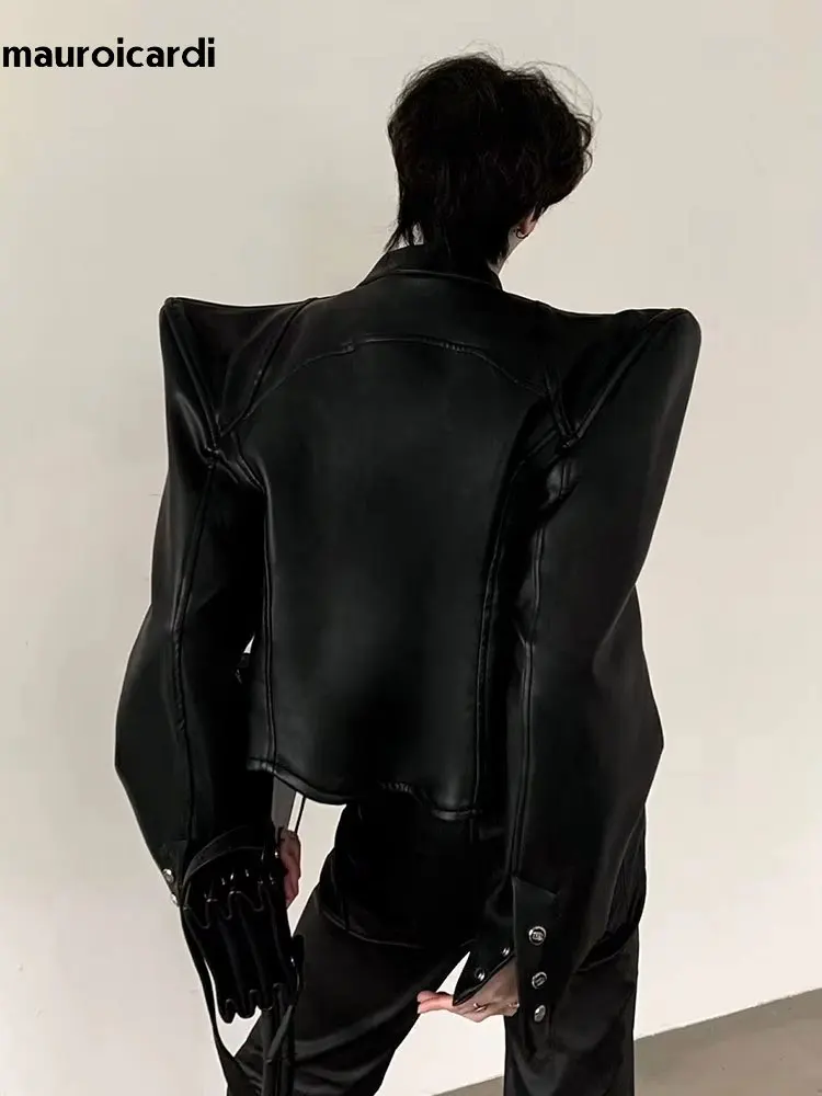 Mauroicardi Spring Black Short Pu Leather Jacket Men Shoulder Pads Zip Up Fashion Luxury Brands Original Emo Streetwear Clothing