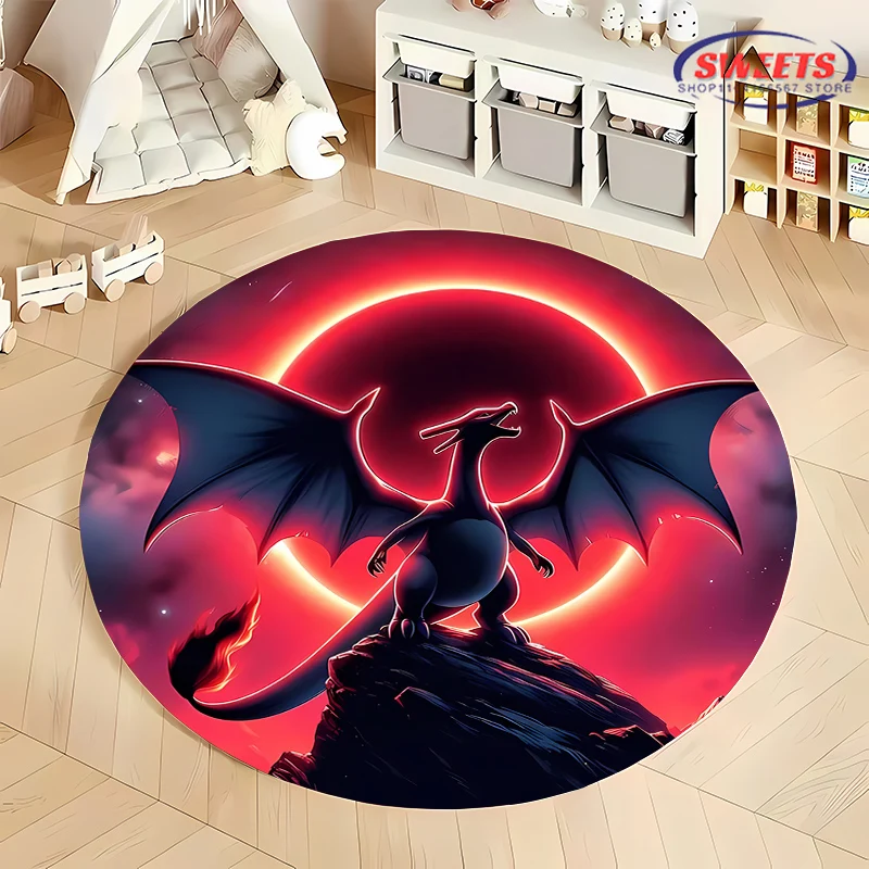 Cartoon Miniso Pokemon Round Carpet, Charizard Rug Non-Slip Play Mat Cute Floor Rug for Living Room Bedroom Kid's Room Round Mat