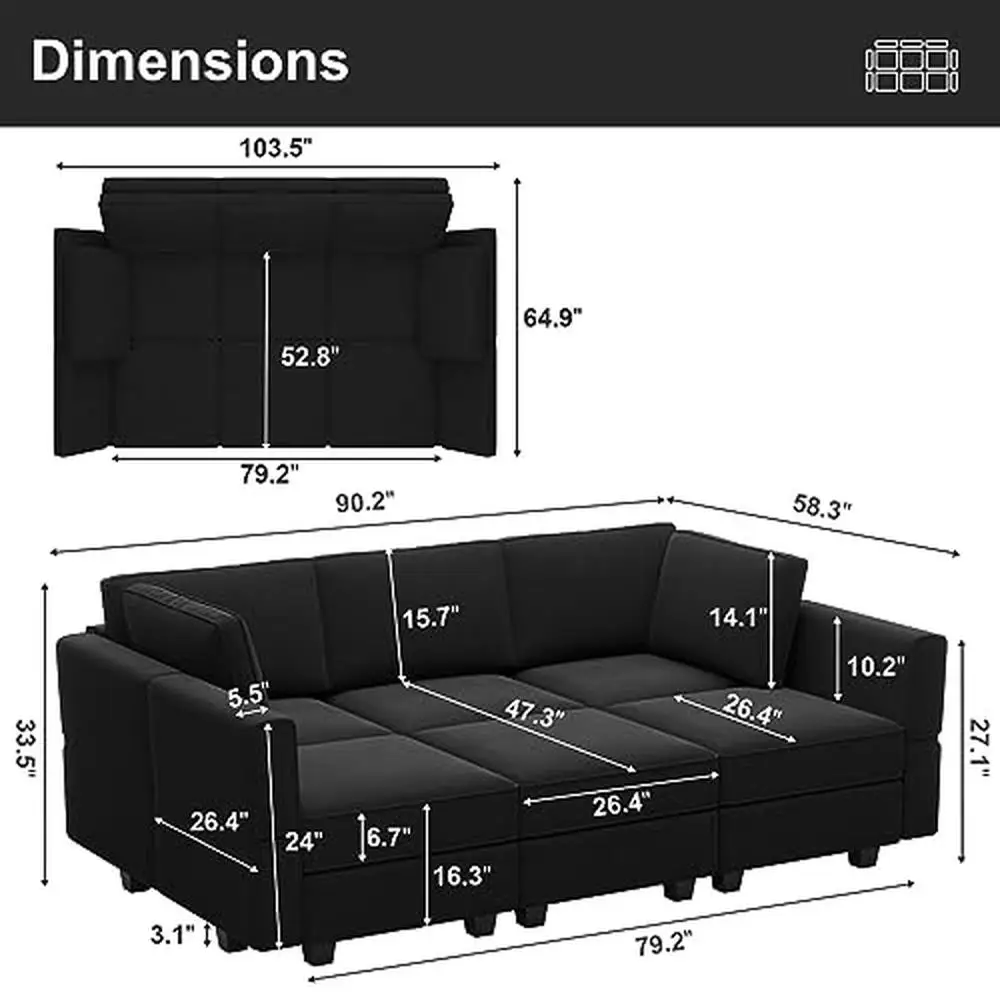 Modular Velvet Sectional Sofa with Chaise Lounge Sectional Sleeper Sofa with Storage Chaise Sofa Bed Couch Living Room Black