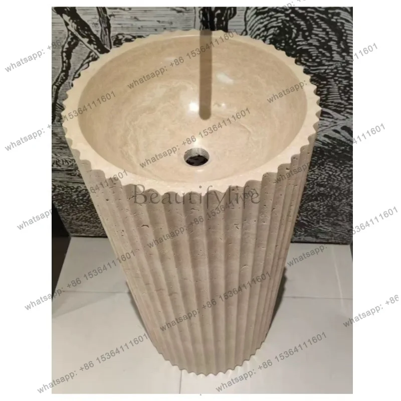 Natural beige hole marble column wash basin floor integrated wash basin