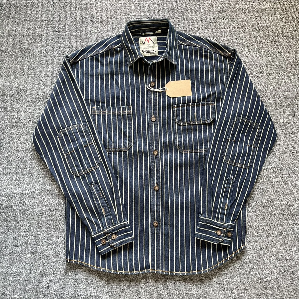Primavera New American Retro Heavyweight Denim Cargo Camicia a righe da uomo Semplice 100% cotone lavato Vecchi camicette casual Giacca sottile
