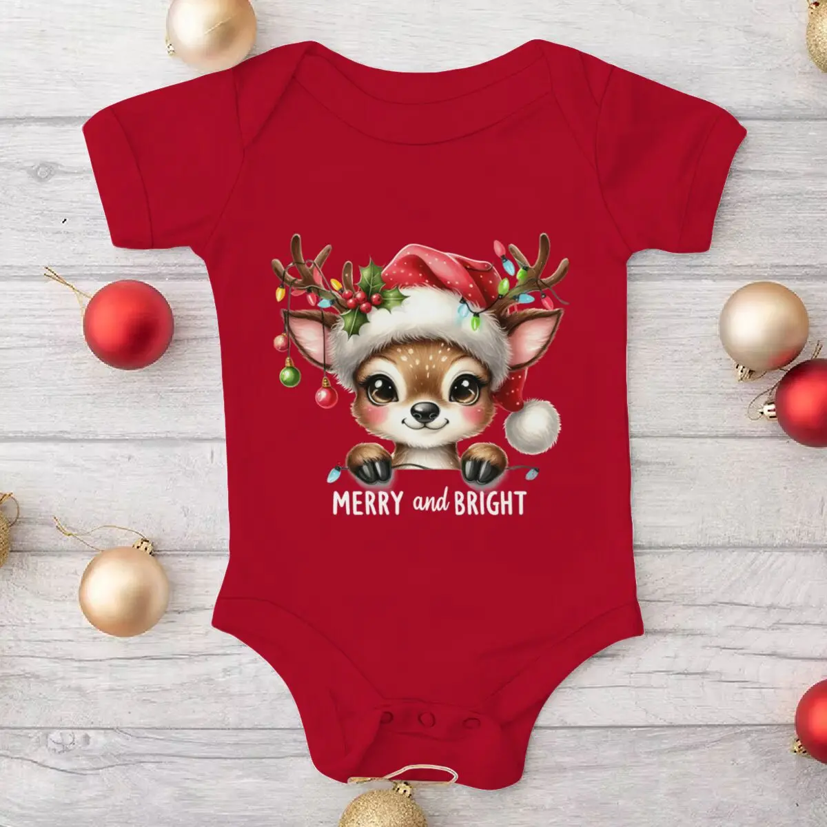 

Toddler Girl Boy Clothes Christmas Reindeer Merry and Bright Print Baby Romper Christmas Santa Hat Lights Cartoon Newborn Onesie
