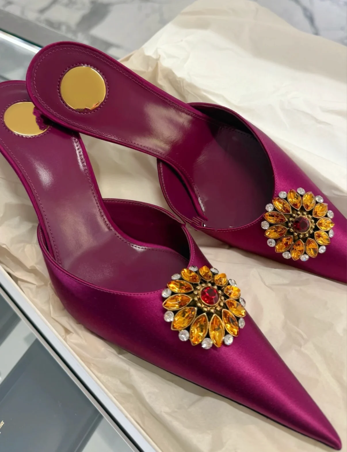Crystal Closed Pointed Toe Shallow Outdoor Summer Fashion Women Slippers Stiletto High Heels Pull On Design Large Size Shoes