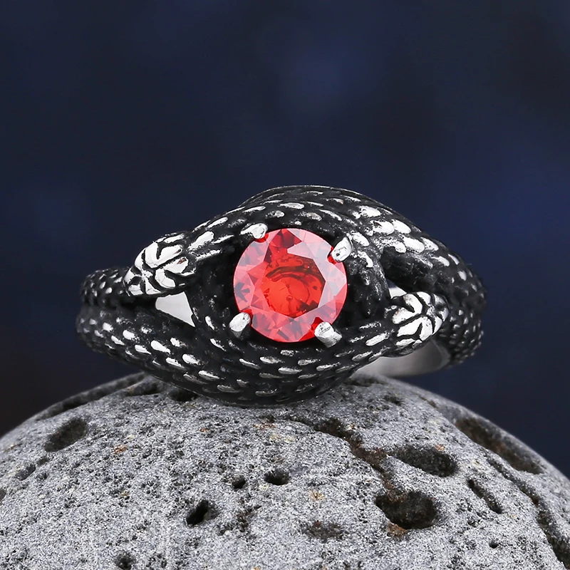 2023 New Vintage 316L Stainless Steel 3D Snake Ring With Red&Green StoneAnimal Fashion jewelry For Man Women Boyfriend Gift