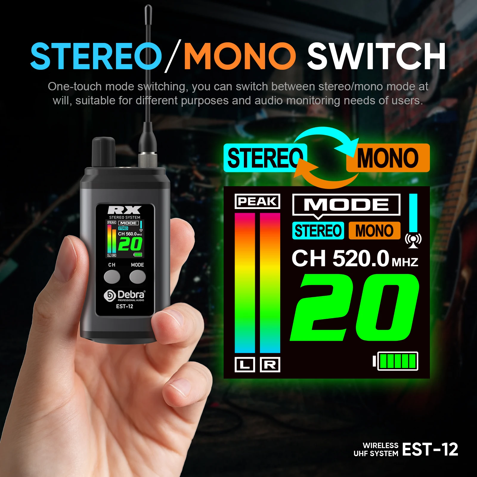 Debra Stereo EST-12 Kabelloses In-Ear-Monitor-System, UHF 560-590MHz, Zweikanal-IEM-System, 80m Reichweite, Wiederaufladbar für Performer – Detail 10
