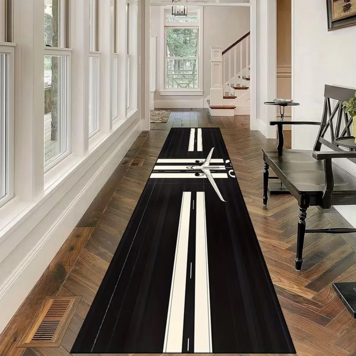 Hallway Runner Rug Airport Runway Aircraft Pattern Carpet Non-Slip Soft Easy Clean Industrial Typ Space Entryway Home Decor Mat